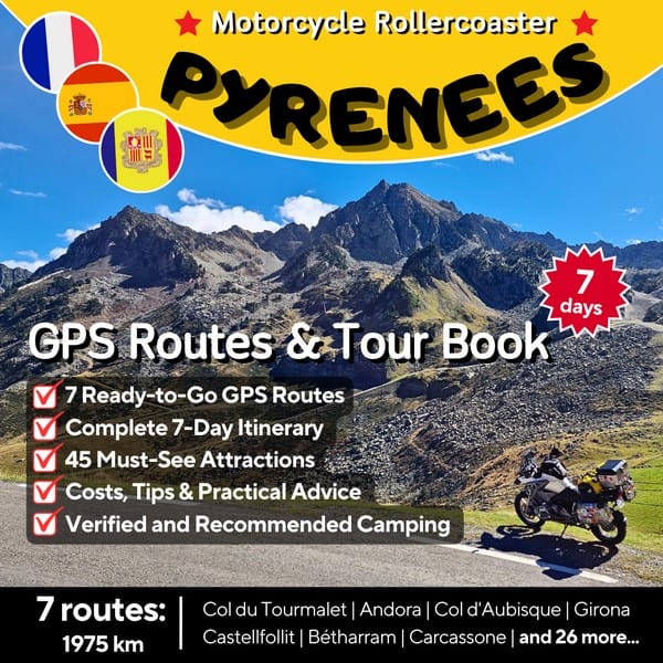 7-day ready-to-go motorcycle routes and tour book for the Pyrenees, covering France, Spain, and Andorra, featuring GPS tracks