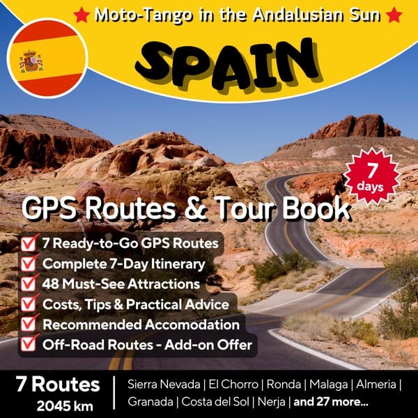 7-day motorcycle tour book and GPS routes for Andalusia, Spain, covering Sierra Nevada, Ronda, Malaga, and the Costa del Sol