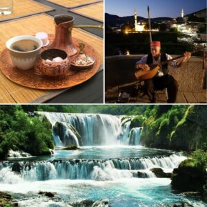Kawa po bośniacku w tradycyjnym tygielku, muzyk grający na moście w Mostar oraz wodospad Štrbački Buk na rzece Una. Atrakcje kulturalne i naturalne na trasie motocyklowej.
