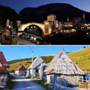 Nocny widok na Stary Most w Mostarze oraz wioska Lukomir przy trasie motocyklowej w górach Bośni i Hercegowiny