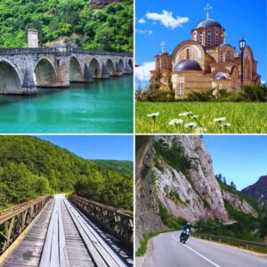 Kręta droga wzdłuż kanionu w Bośni i Hercegowinie. Trasa motocyklowa biegnie wzdłuż rzeki przez stary most stalowy. Górskie drogi motocyklowe na Bałkanach