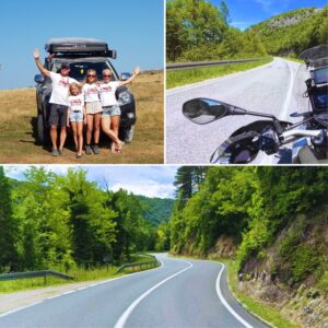 Górski krajobraz Bośni i Hercegowiny. Kręta droga asfaltowa na motocykl. Malownicza trasa motocyklowa wzdłuż brzegów rzeki Neretwa/Una.