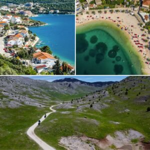 Motocykliści na szutrowej drodze w górach Bośni i Hercegowiny oraz kontrastowe ujęcia domów i plaży nad turkusową wodą Adriatyku. Trasa idealna dla motocykli adventure