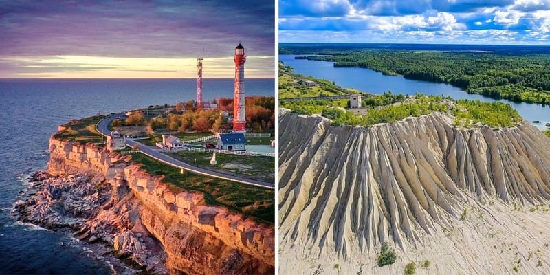 Widok z lotu ptaka na klify i latarnię morską Pakri oraz piaszczyste wzg&oacute;rza w Rummu w Estonii &ndash; unikalne miejsca na trasie motocyklowej.