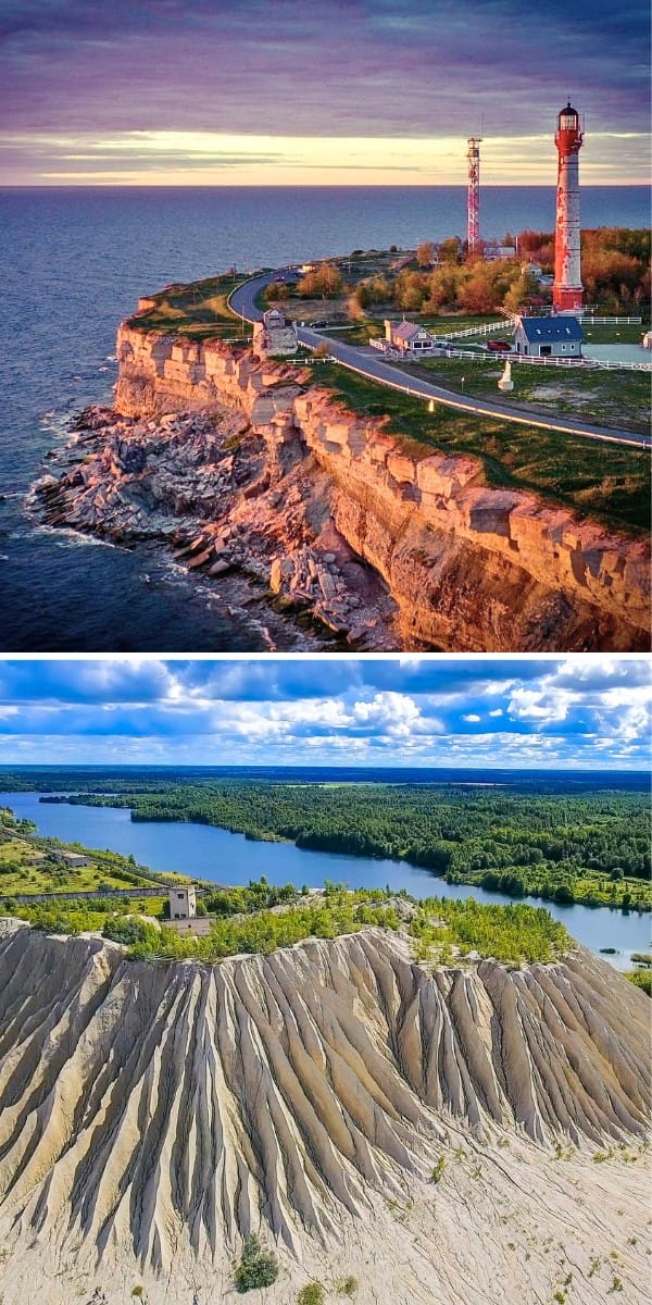 Pionowe ujęcie klif&oacute;w Pakri i wzg&oacute;rz Rummu w Estonii &ndash; unikalne miejsca na trasie motocyklowej z przewodnikiem.