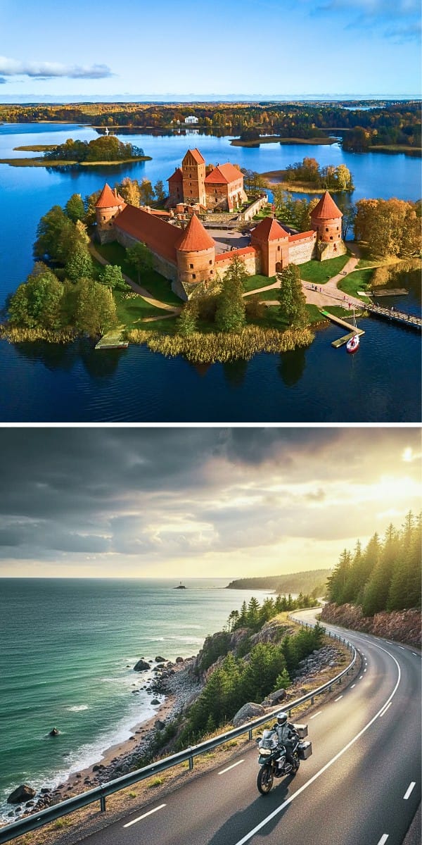 Pionowe ujęcie: motocyklista w lesie i trasa nad jeziorem w Krajach Bałtyckich &ndash; widoki z przewodnika motocyklowego.