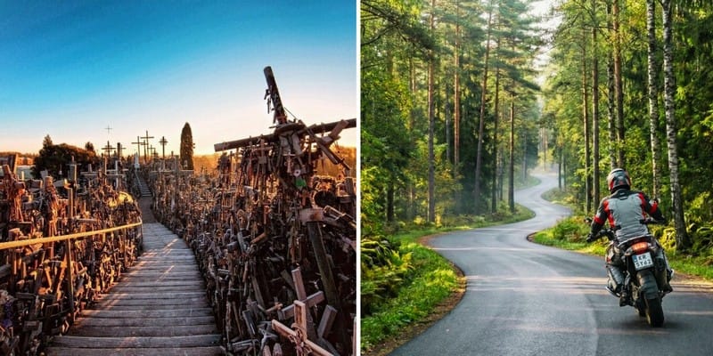 Słynna G&oacute;ra Krzyży na Litwie oraz motocyklista na krętej drodze przez las &ndash; gotowy plan podr&oacute;ży i trasy motocyklowe po Krajach Bałtyckich.