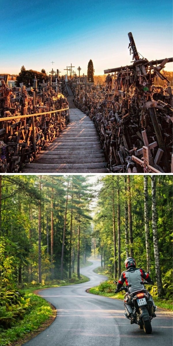 Pionowe zdjęcie G&oacute;ry Krzyży na Litwie i motocyklisty w lesie &ndash; gotowy plan i trasy motocyklowe przez Bałtyki.