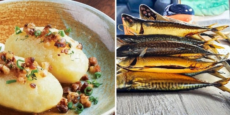 Tradycyjne litewskie cepeliny z kraszonką oraz wędzone ryby &ndash; lokalne przysmaki opisane w przewodniku motocyklowym po Krajach Bałtyckich.