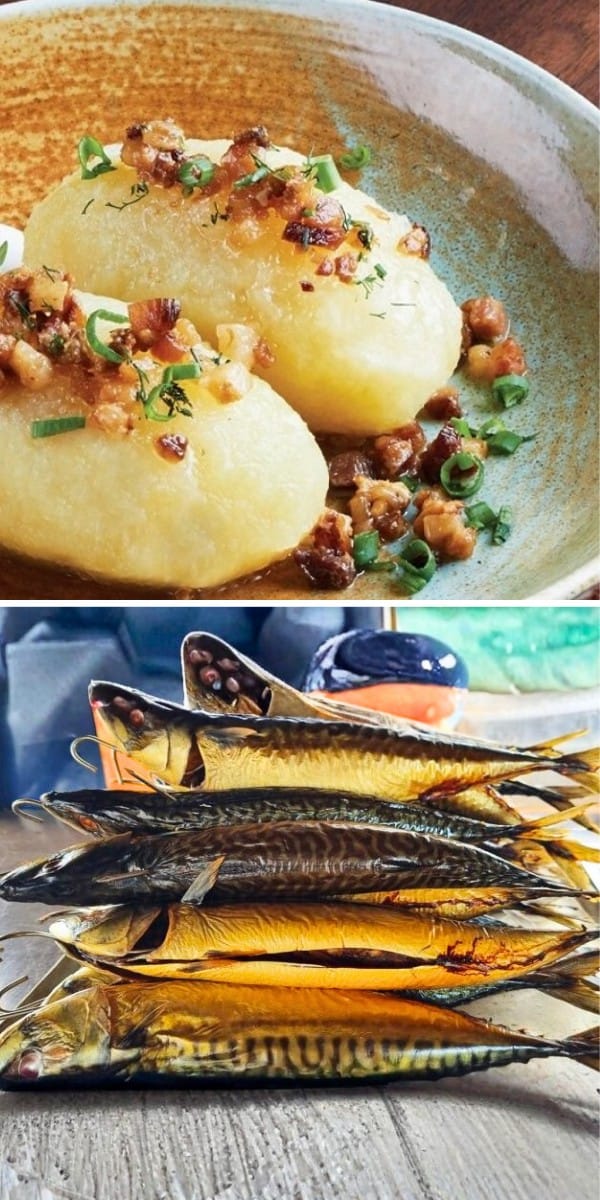 Pionowe ujęcie kuchni: litewskie cepeliny i wędzone ryby &ndash; smaki z trasy motocyklowej po Krajach Bałtyckich.