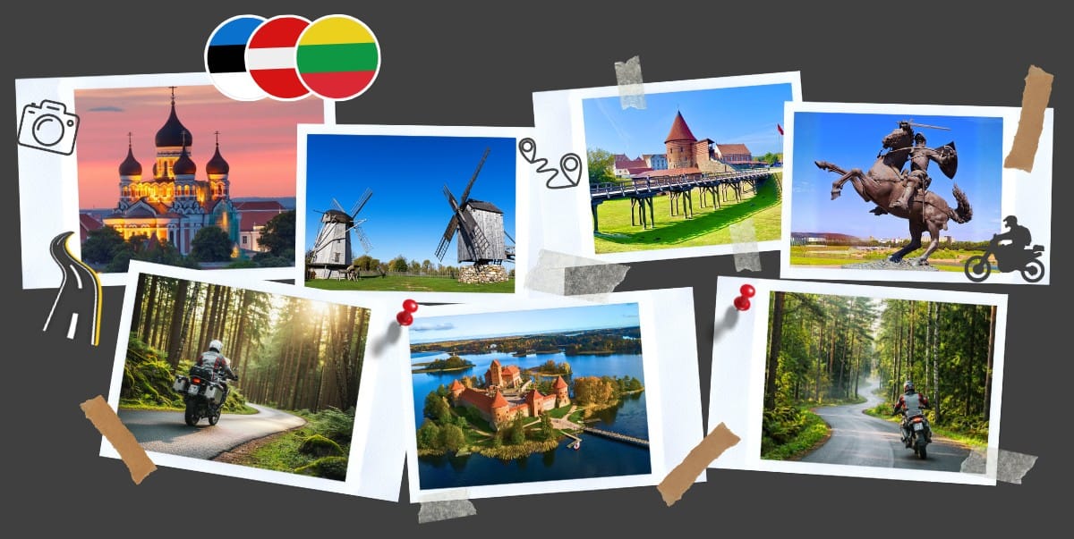 Litwa, Łotwa i Estonia motocyklem: kolaż zdjęć z trasy, zamek w Trokach, zabytki Tallinna i leśne drogi dla motocyklist&oacute;w z trasami GPX.