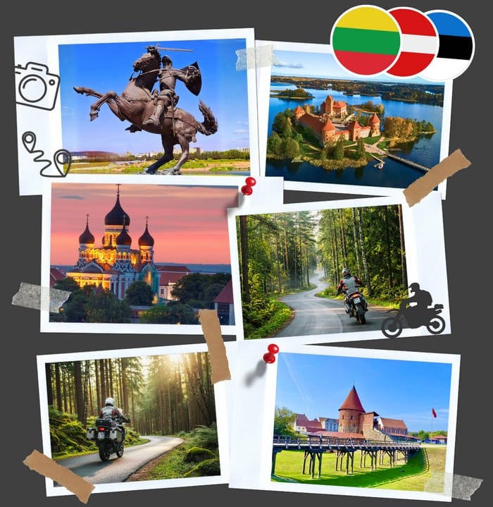 Pionowy kolaż z wyprawy motocyklowej przez Kraje Bałtyckie: Zamek w Trokach, Tallinn, motocyklista w lesie i gotowe trasy GPX w przewodniku.