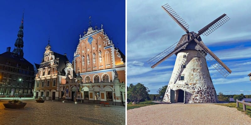 Ryga nocą z widokiem na Dom Bractwa Czarnogłowych oraz zabytkowy drewniany wiatrak &ndash; atrakcje na trasie motocyklowej po Krajach Bałtyckich.