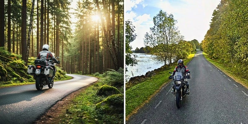 Wyprawa motocyklowa przez Kraje Bałtyckie: motocyklista jadący krętą drogą w słonecznym lesie oraz trasą wzdłuż malowniczego jeziora na Litwie, Łotwie i Estonii.