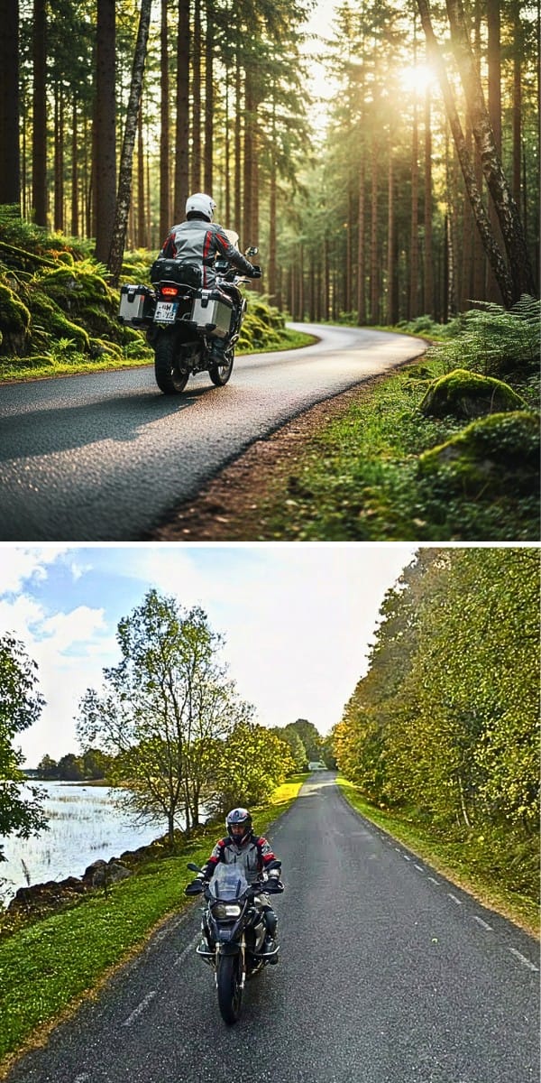 Pionowy kadr z wyprawy: kręta leśna droga i jezioro na Litwie, Łotwie i Estonii &ndash; trasy motocyklowe w przewodniku.